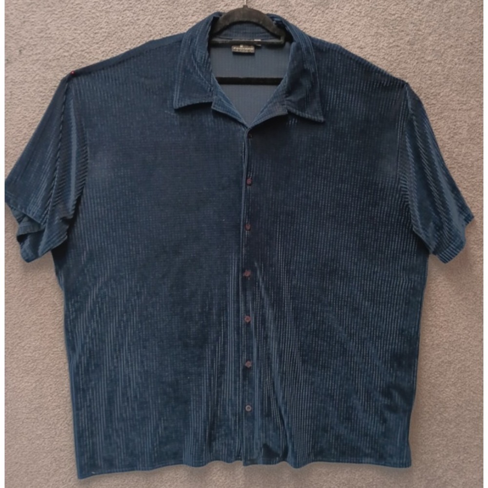 Y2K Velour Textured Shirt Women 3XL Blue Pleated Button‎ Up Soft Glam